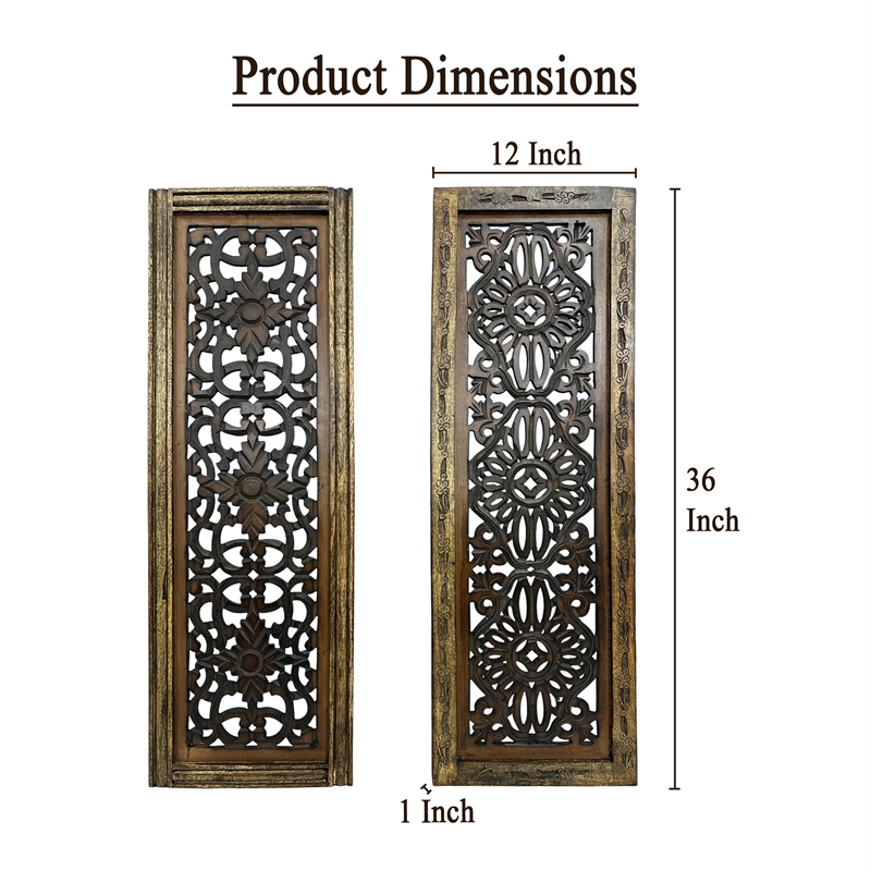 Benzara Floral Hand Carved Wooden Wall Panels- Assortment of Two- Brown