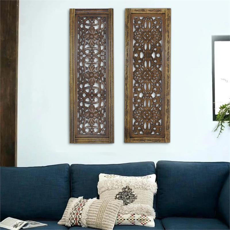 Benzara Floral Hand Carved Wooden Wall Panels- Assortment of Two- Brown