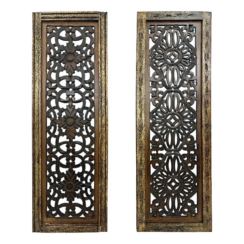 Benzara Floral Hand Carved Wooden Wall Panels- Assortment of Two- Brown