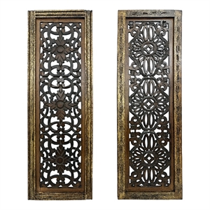 Benzara Floral Hand Carved Wooden Wall Panels- Assortment of Two- Brown