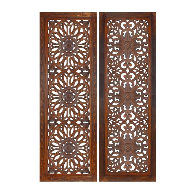 Set of 2 Hand Carved Mango Wood Wall Panels-Burnt Brown Medallion Design