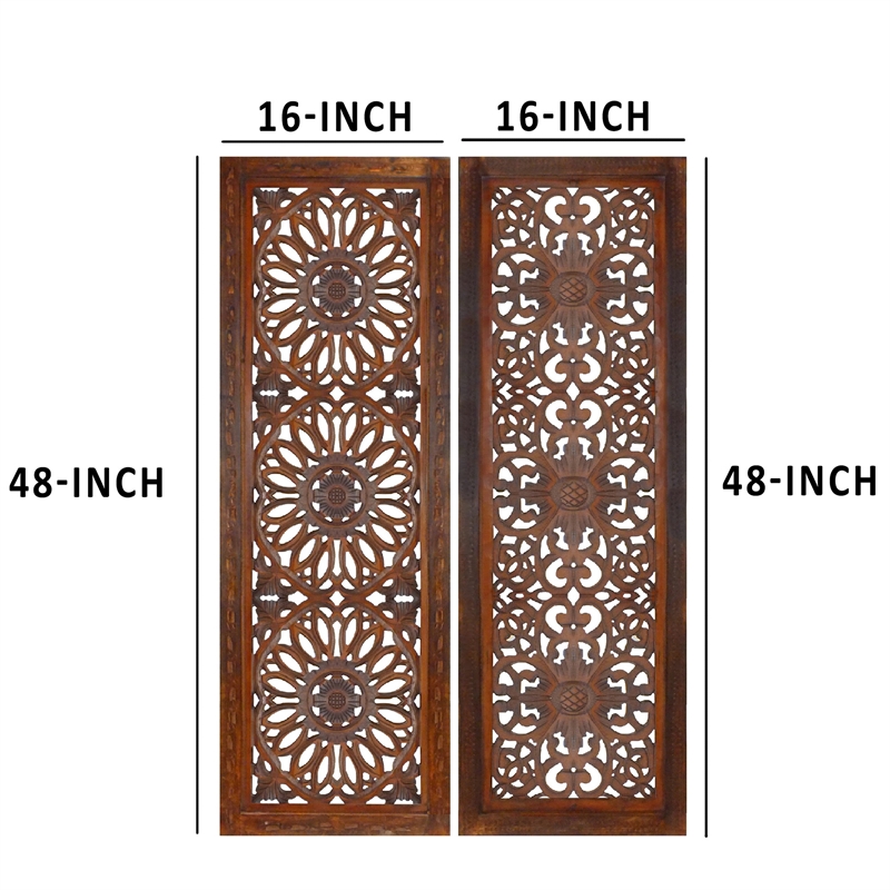 Set of 2 Hand Carved Mango Wood Wall Panels-Burnt Brown Medallion Design
