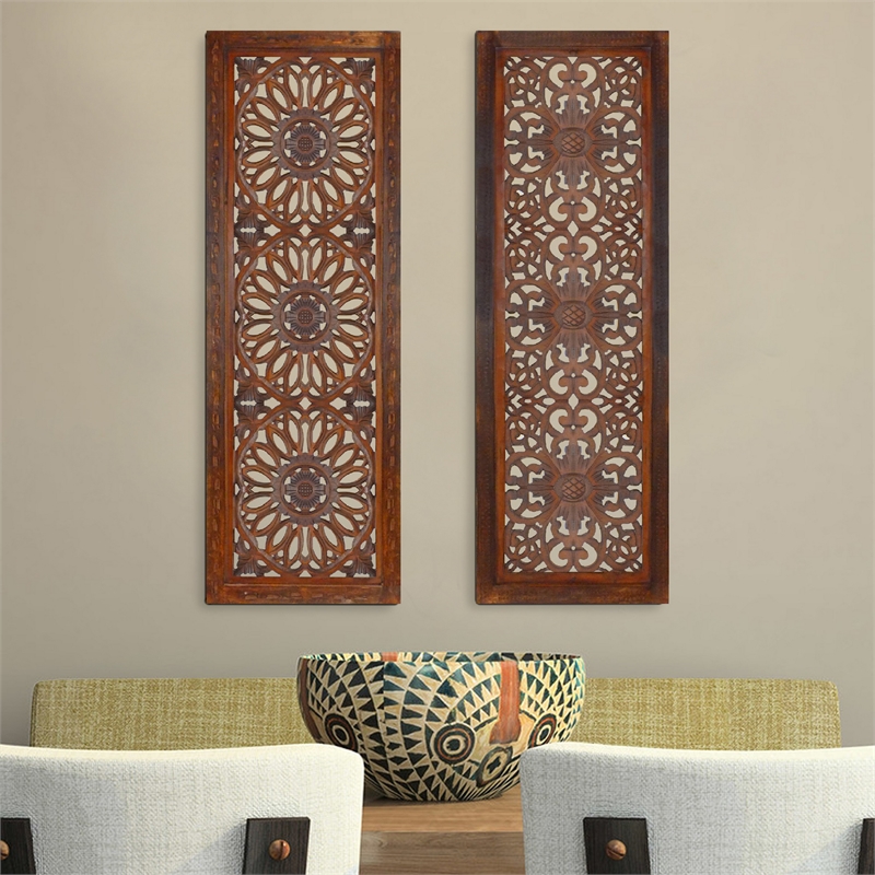 Set of 2 Hand Carved Mango Wood Wall Panels-Burnt Brown Medallion Design