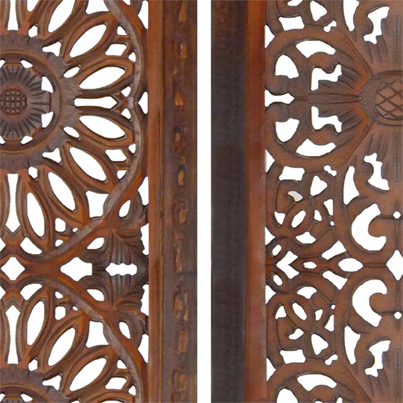 Set of 2 Hand Carved Mango Wood Wall Panels-Burnt Brown Medallion Design
