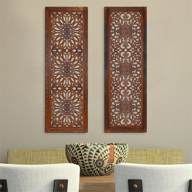 Set of 2 Hand Carved Mango Wood Wall Panels-Burnt Brown Medallion Design