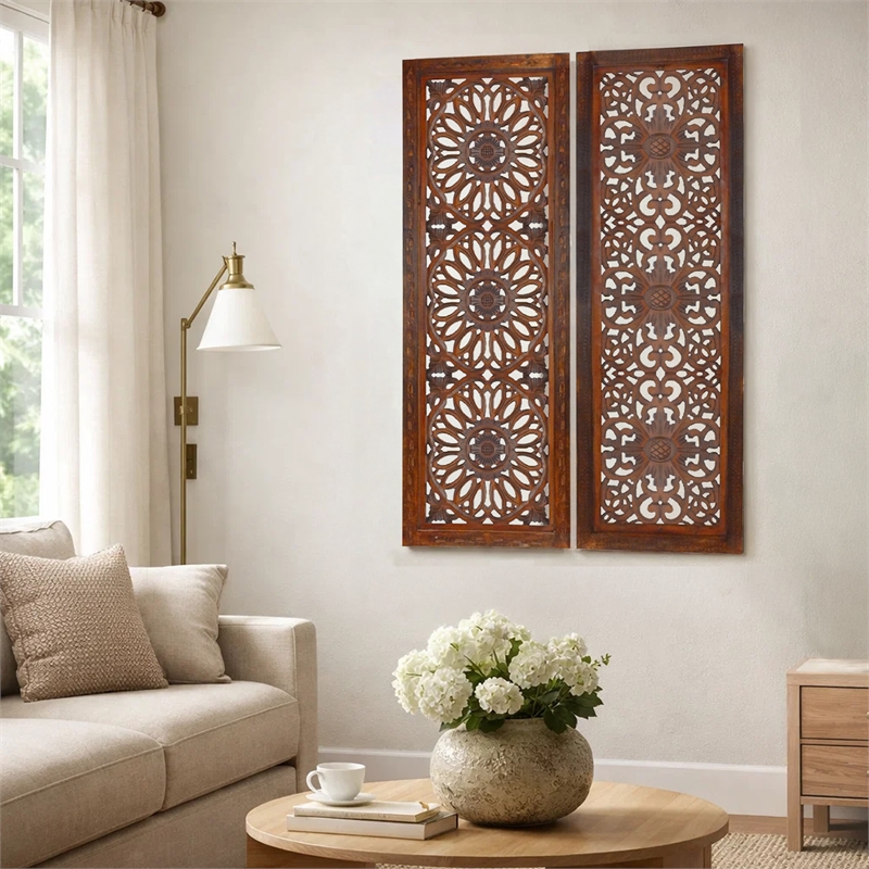 Set of 2 Hand Carved Mango Wood Wall Panels-Burnt Brown Medallion Design