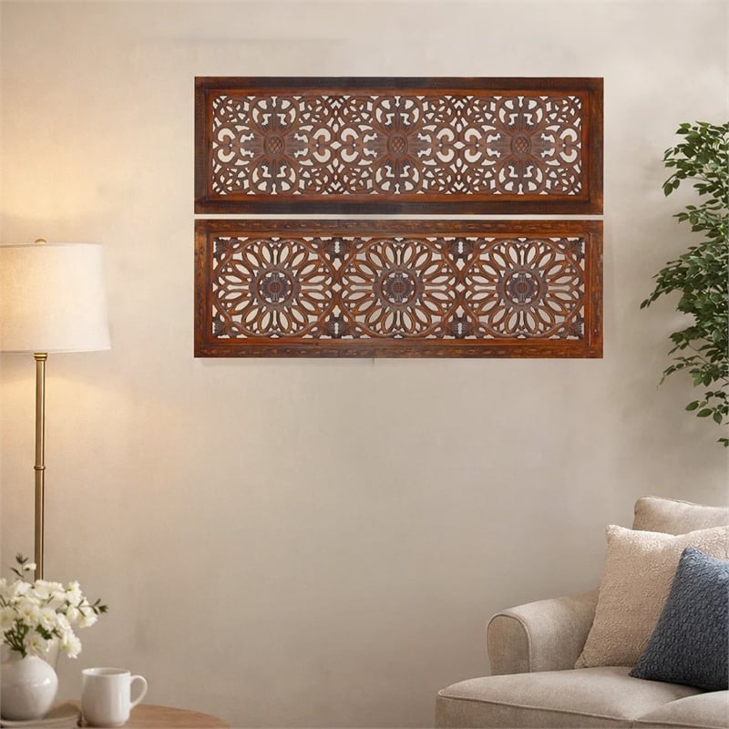 Set of 2 Hand Carved Mango Wood Wall Panels-Burnt Brown Medallion Design
