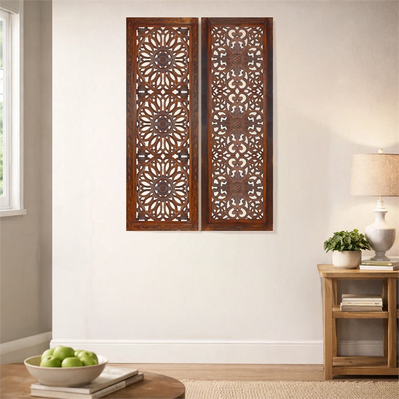 Set of 2 Hand Carved Mango Wood Wall Panels-Burnt Brown Medallion Design