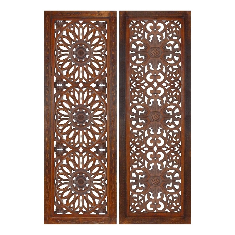 Set of 2 Hand Carved Mango Wood Wall Panels-Burnt Brown Medallion Design