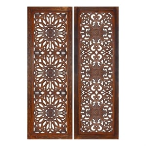 Set of 2 Hand Carved Mango Wood Wall Panels-Burnt Brown Medallion Design