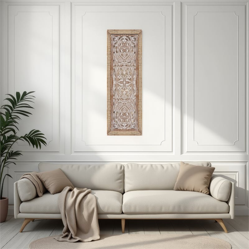 Rectangular Mango Wood Wall Panel Hand Crafted With Intricate Carving- Brown