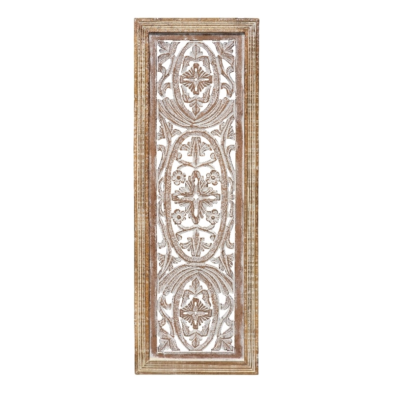 Rectangular Mango Wood Wall Panel Hand Crafted With Intricate Carving- Brown