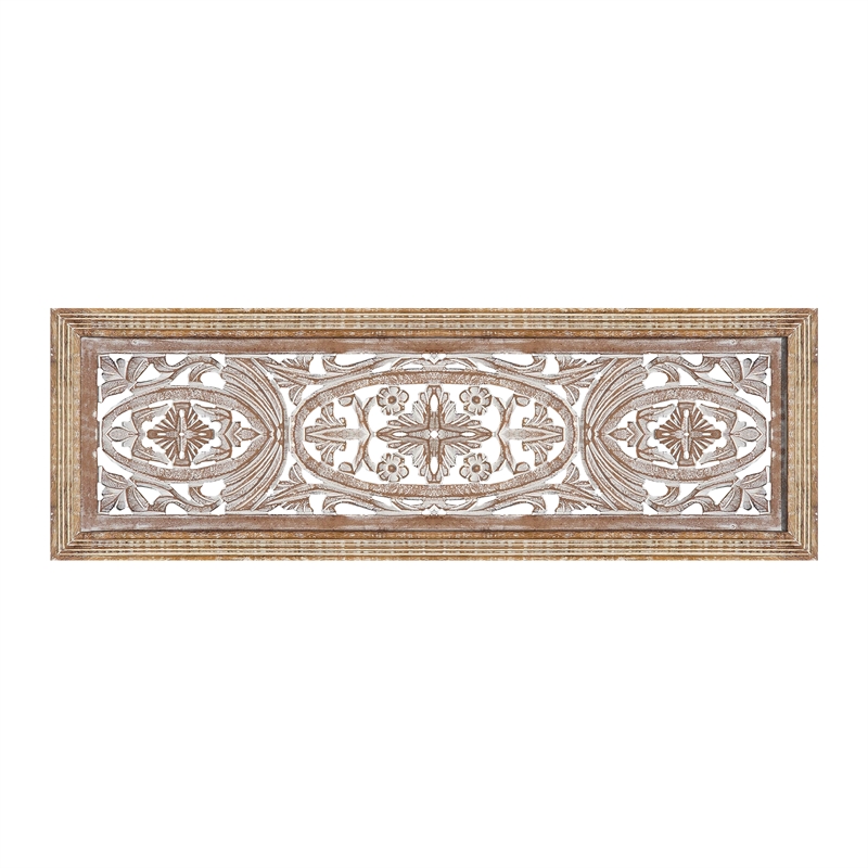 Rectangular Mango Wood Wall Panel Hand Crafted With Intricate Carving- Brown