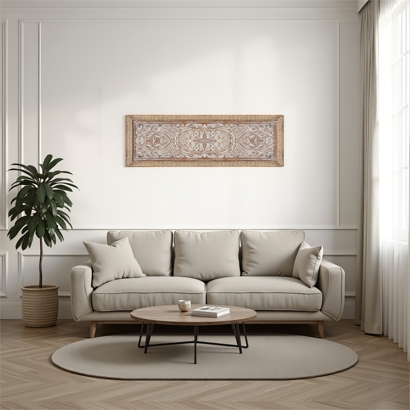 Rectangular Mango Wood Wall Panel Hand Crafted With Intricate Carving- Brown