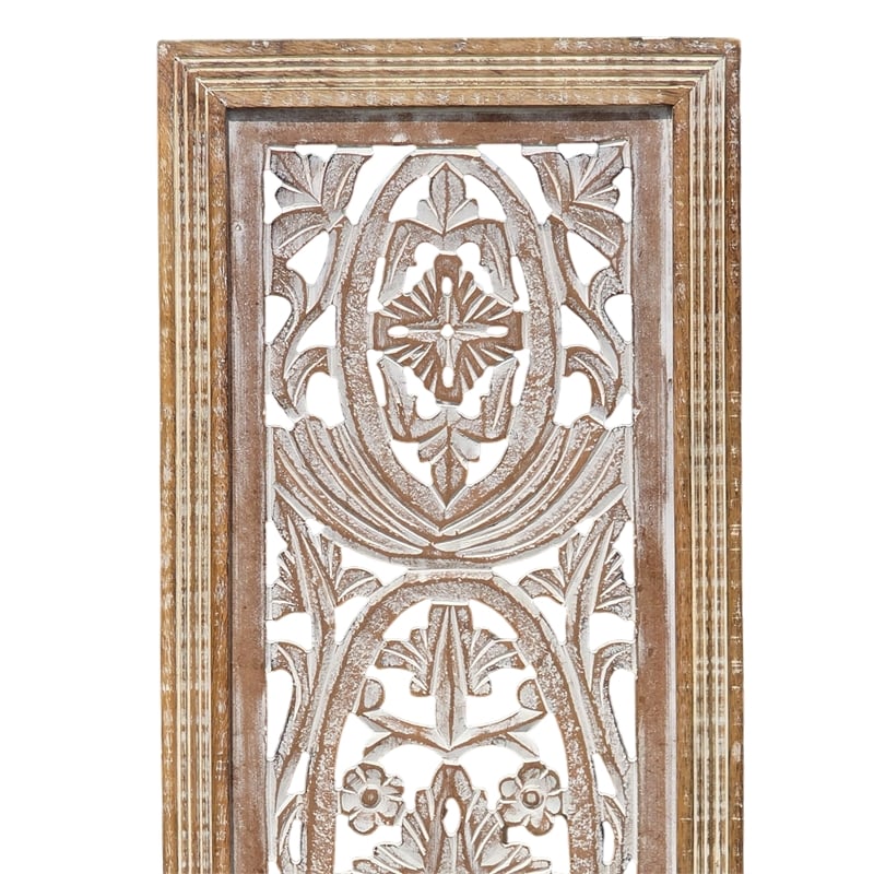 Rectangular Mango Wood Wall Panel Hand Crafted With Intricate Carving- Brown