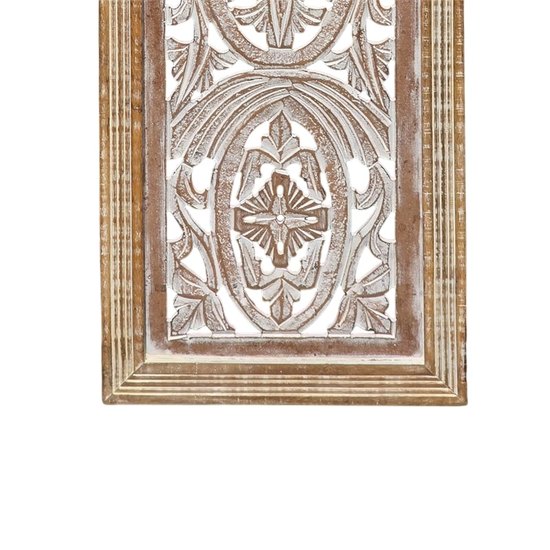 Rectangular Mango Wood Wall Panel Hand Crafted With Intricate Carving- Brown