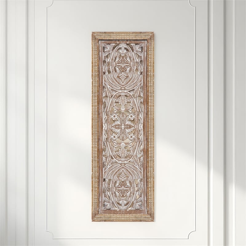 Rectangular Mango Wood Wall Panel Hand Crafted With Intricate Carving- Brown