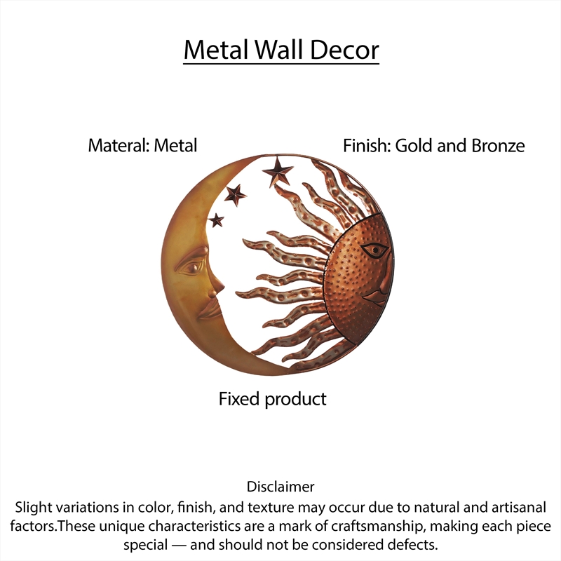 21 Inch Handcrafted Sun and Moon Accent Wall Decor- Round Metal Wall Mount