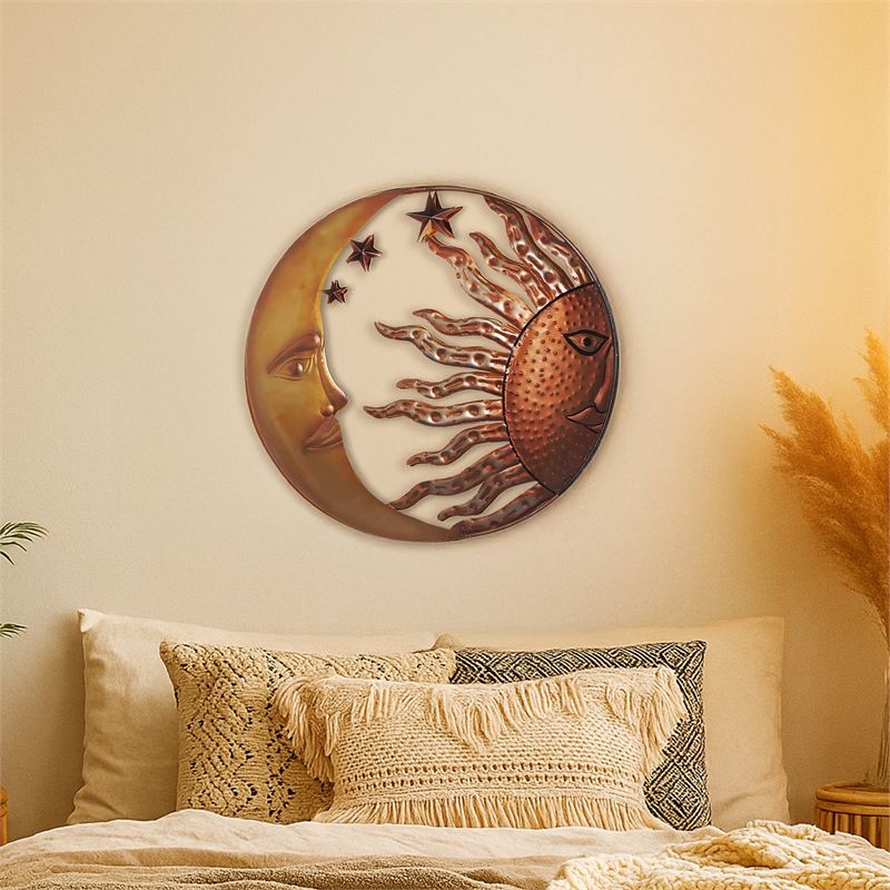 21 Inch Handcrafted Sun and Moon Accent Wall Decor- Round Metal Wall Mount