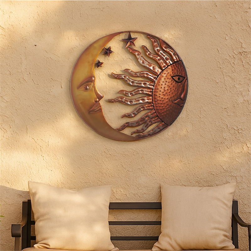 21 Inch Handcrafted Sun and Moon Accent Wall Decor- Round Metal Wall Mount