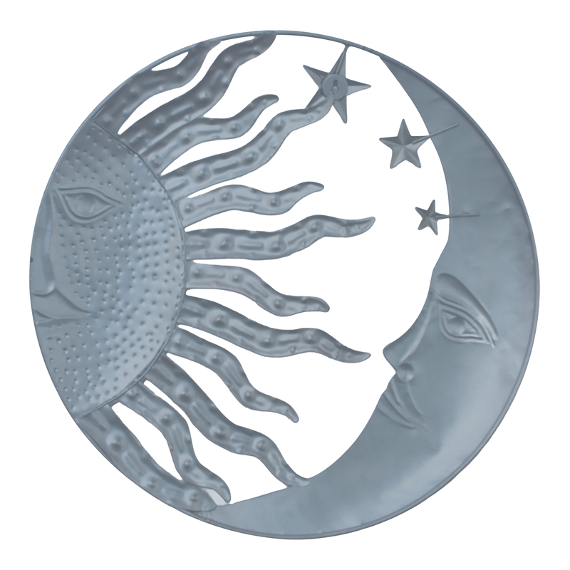 21 Inch Handcrafted Sun and Moon Accent Wall Decor- Round Metal Wall Mount