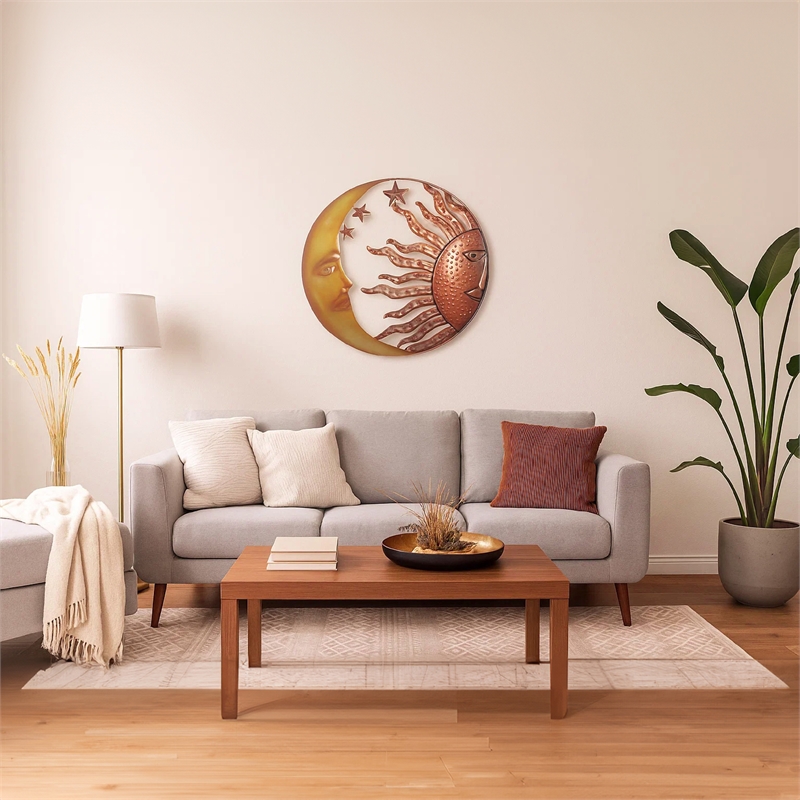 21 Inch Handcrafted Sun and Moon Accent Wall Decor- Round Metal Wall Mount