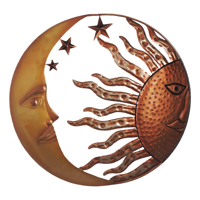 21 Inch Handcrafted Sun and Moon Accent Wall Decor- Round Metal Wall Mount