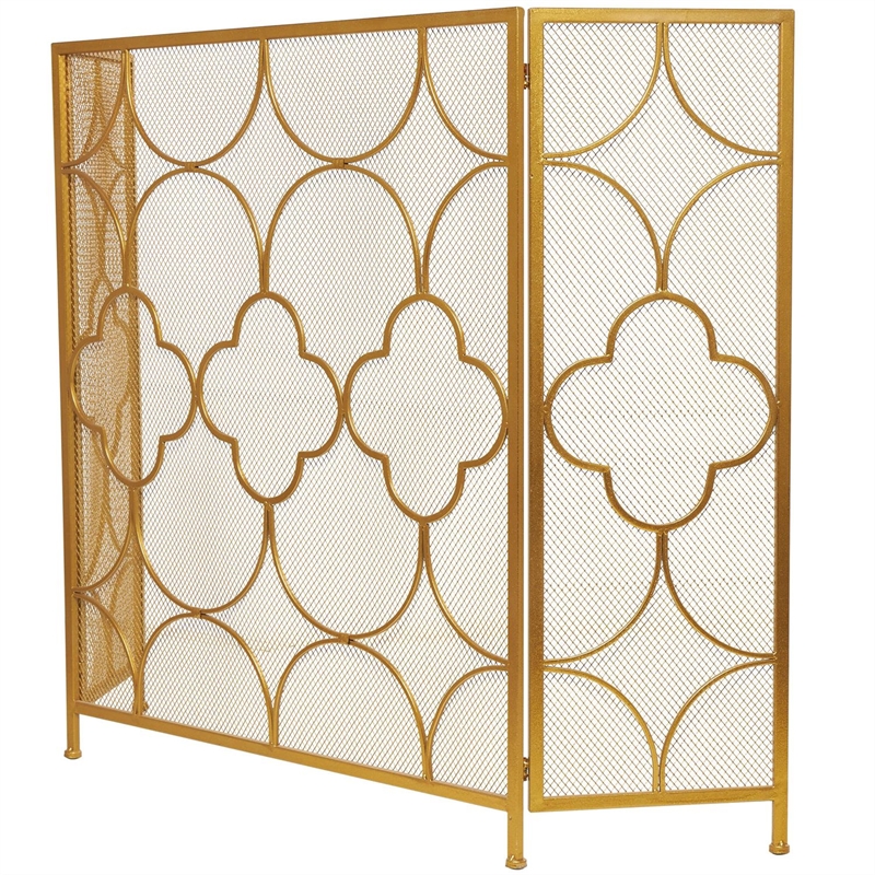 50 Inch 3 Panel Metal Fireplace Screen- Quatrefoil Design- Gold