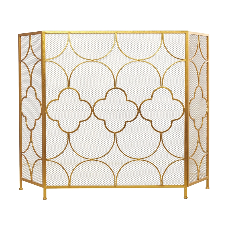 50 Inch 3 Panel Metal Fireplace Screen- Quatrefoil Design- Gold