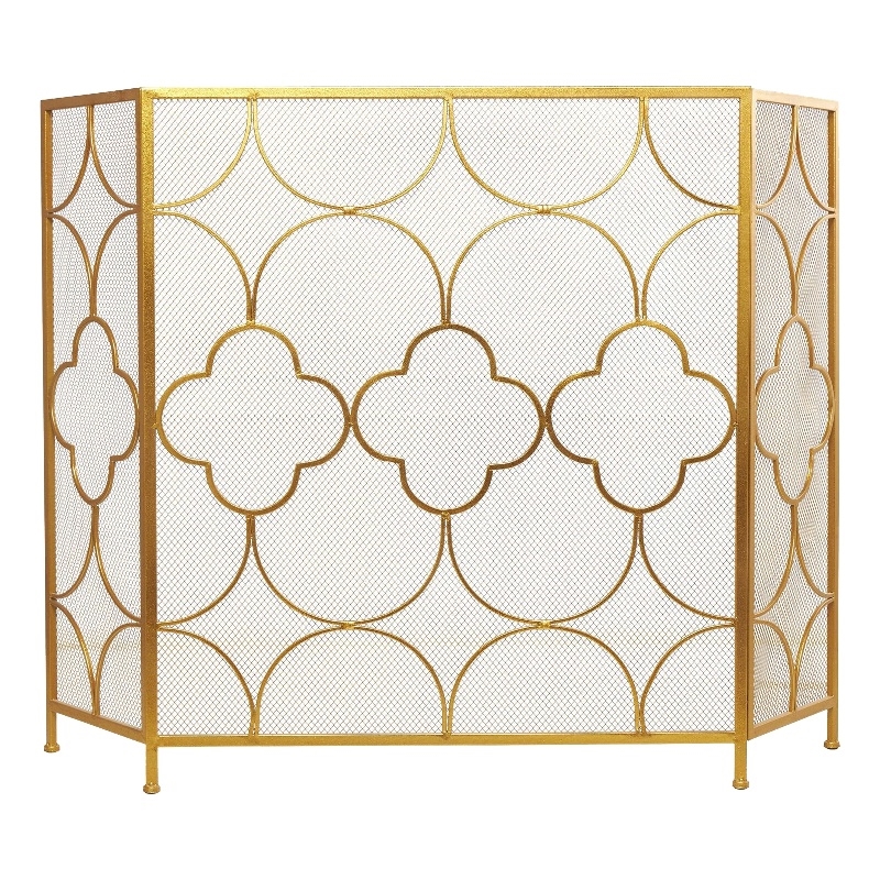 50 Inch 3 Panel Metal Fireplace Screen- Quatrefoil Design- Gold