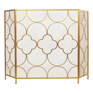 50 Inch 3 Panel Metal Fireplace Screen- Quatrefoil Design- Gold