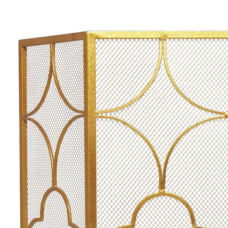 50 Inch 3 Panel Metal Fireplace Screen- Quatrefoil Design- Gold