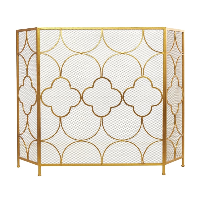 50 Inch 3 Panel Metal Fireplace Screen- Quatrefoil Design- Gold