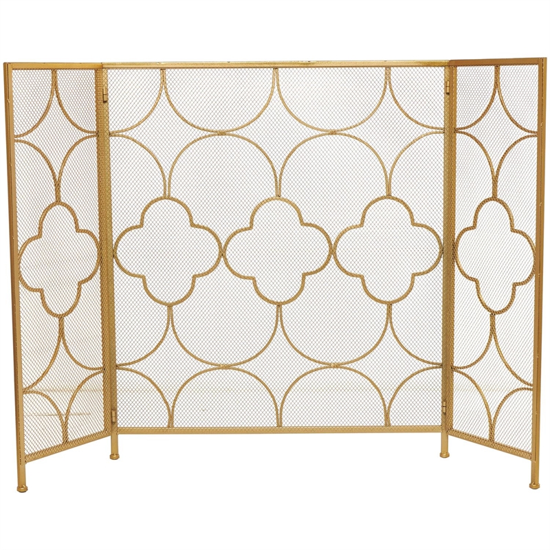 50 Inch 3 Panel Metal Fireplace Screen- Quatrefoil Design- Gold