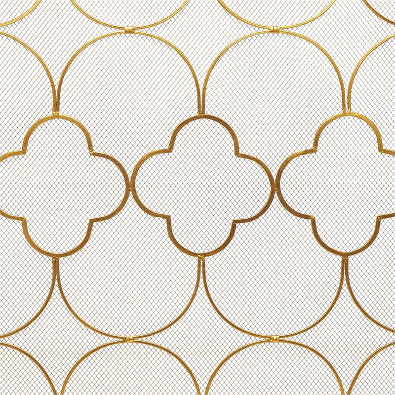 50 Inch 3 Panel Metal Fireplace Screen- Quatrefoil Design- Gold