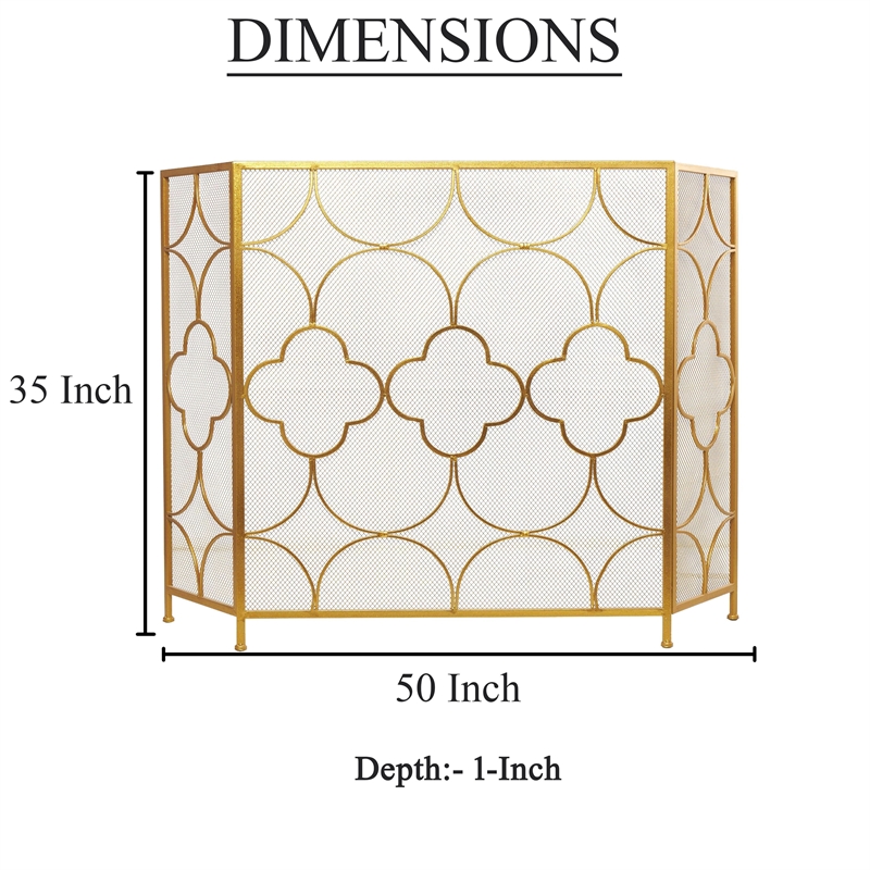 50 Inch 3 Panel Metal Fireplace Screen- Quatrefoil Design- Gold