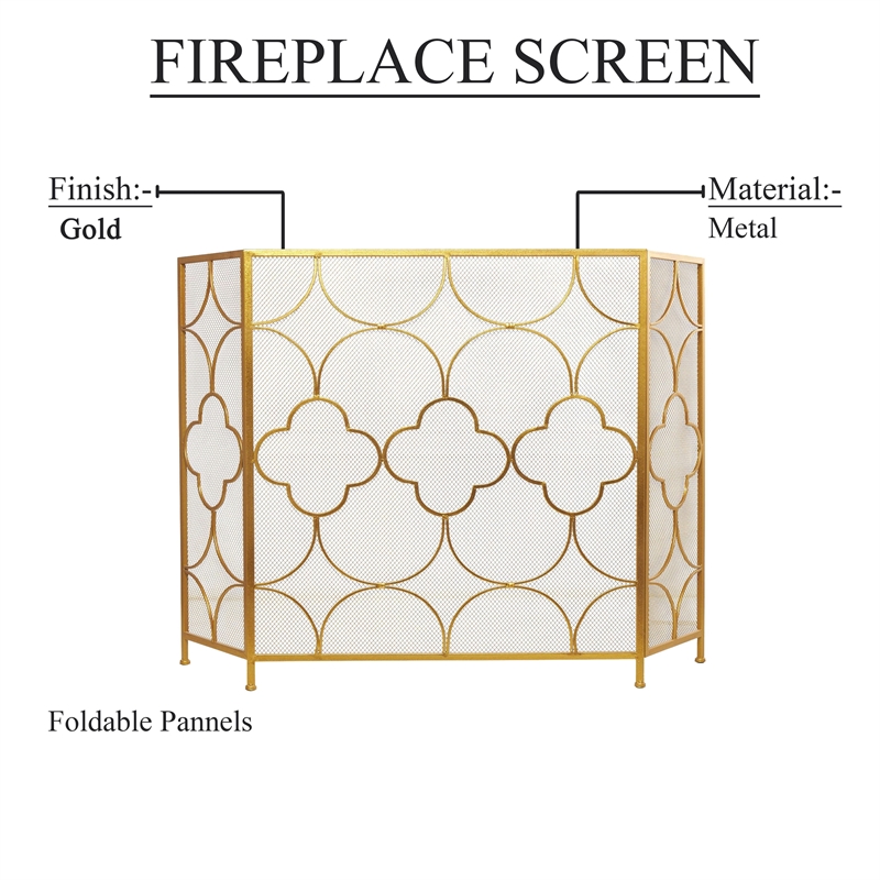 50 Inch 3 Panel Metal Fireplace Screen- Quatrefoil Design- Gold