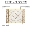 50 Inch 3 Panel Metal Fireplace Screen- Quatrefoil Design- Gold