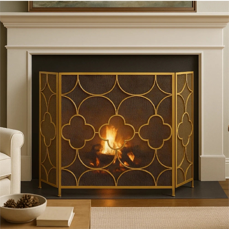 50 Inch 3 Panel Metal Fireplace Screen- Quatrefoil Design- Gold