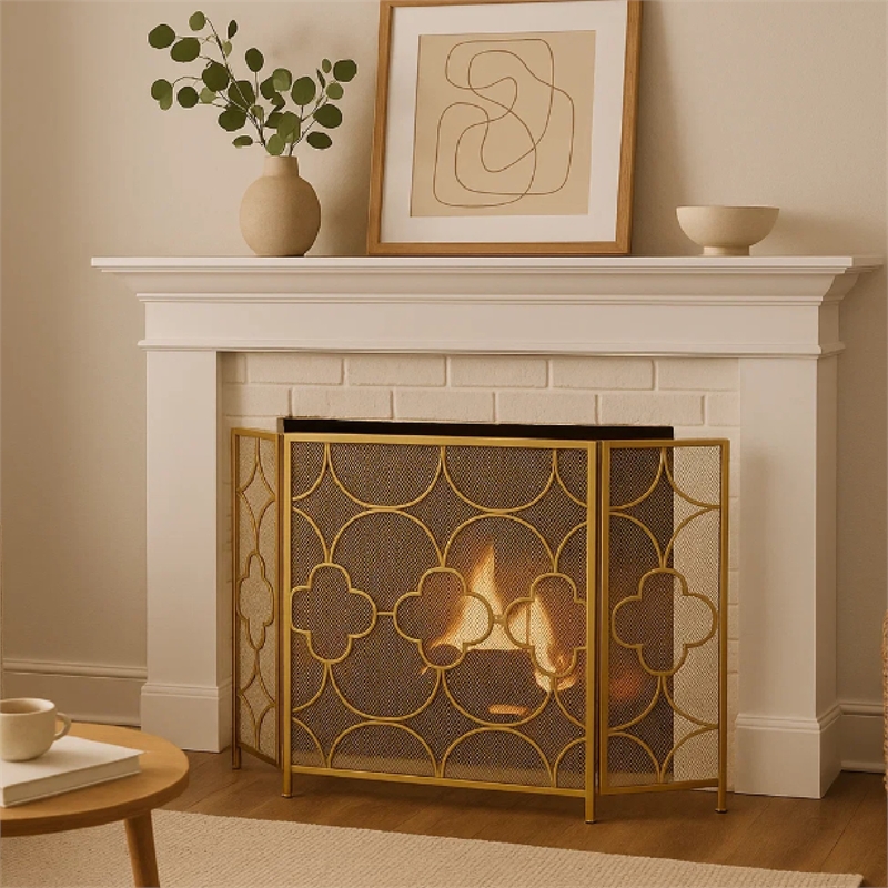 50 Inch 3 Panel Metal Fireplace Screen- Quatrefoil Design- Gold