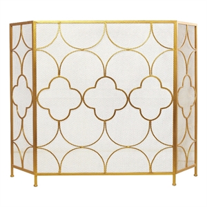 50 Inch 3 Panel Metal Fireplace Screen- Quatrefoil Design- Gold