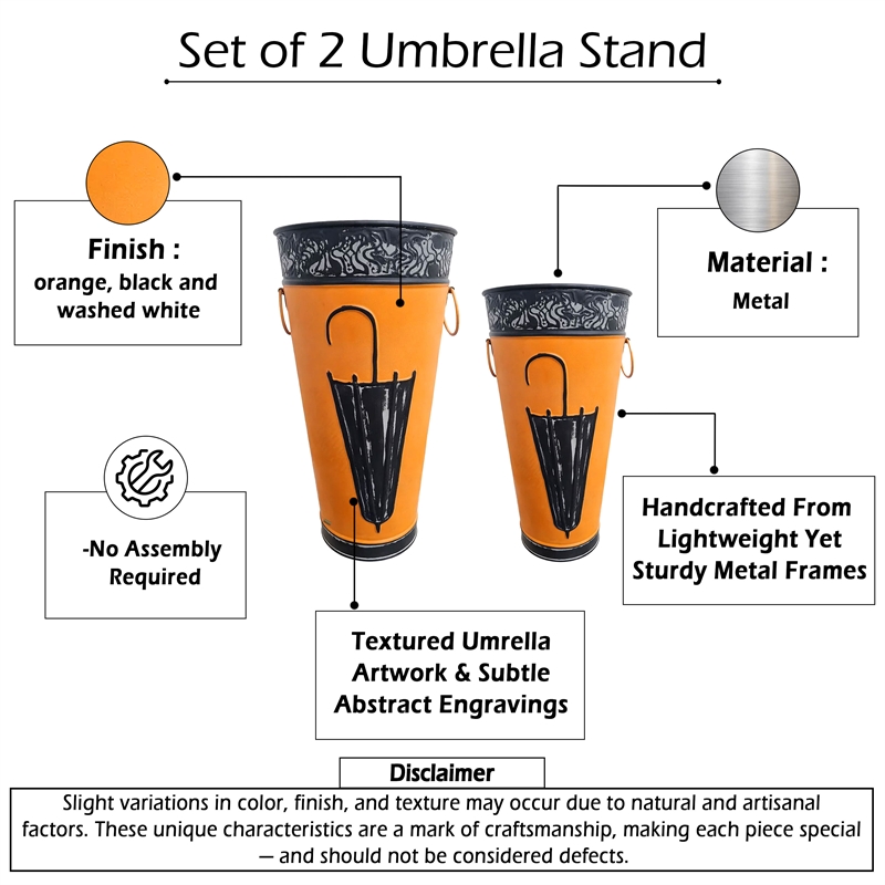 21- 16 Inch Metal Umbrella Stands- Black Engraved Artwork- Set of 2- Orange