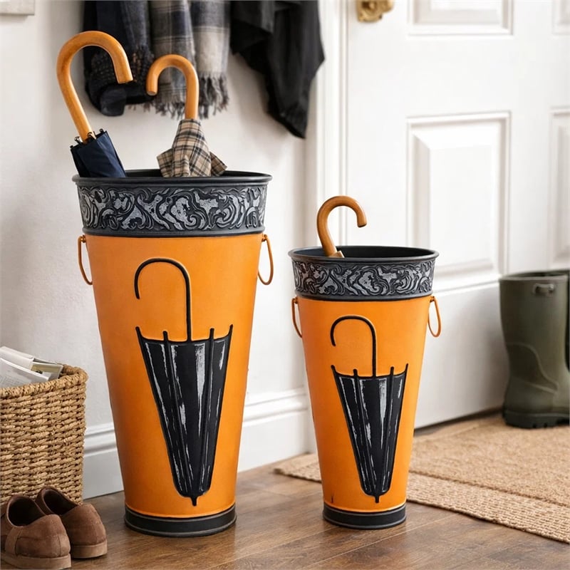 21- 16 Inch Metal Umbrella Stands- Black Engraved Artwork- Set of 2- Orange
