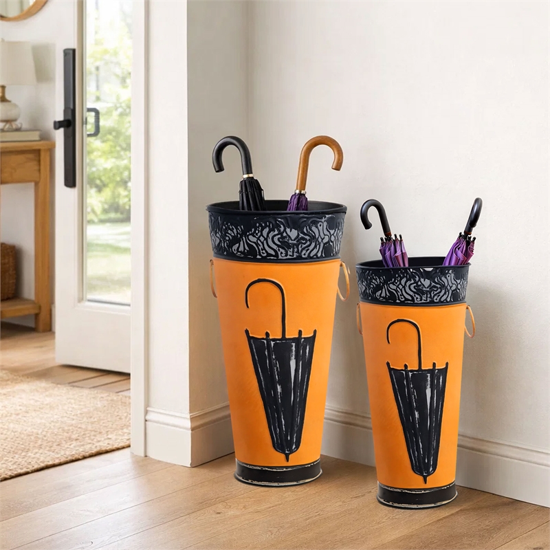 21- 16 Inch Metal Umbrella Stands- Black Engraved Artwork- Set of 2- Orange