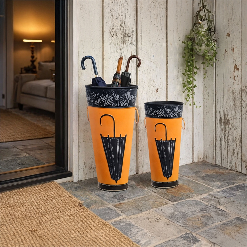 21- 16 Inch Metal Umbrella Stands- Black Engraved Artwork- Set of 2- Orange