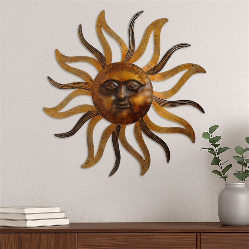 35 Inch Round Wall Mounted Sun Face Accent Decor- Carved Rustic Gold