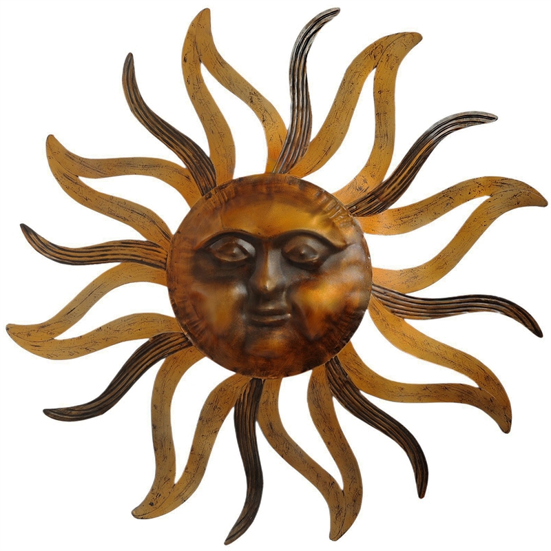 35 Inch Round Wall Mounted Sun Face Accent Decor- Carved Rustic Gold