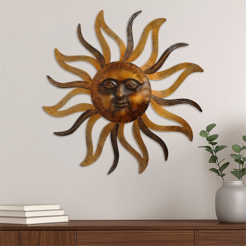 35 Inch Round Wall Mounted Sun Face Accent Decor- Carved Rustic Gold