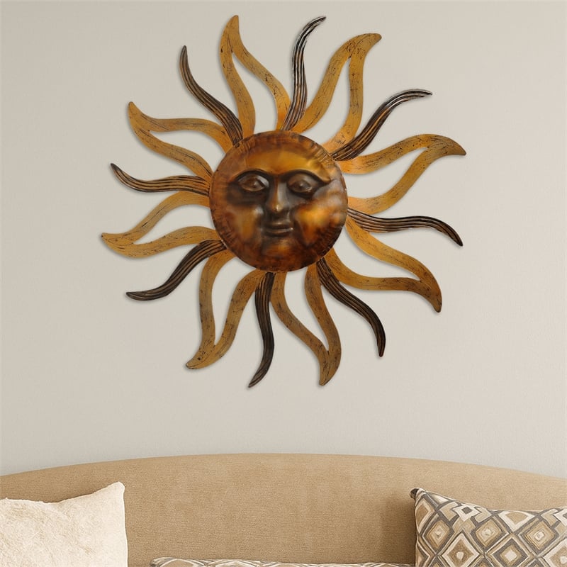 35 Inch Round Wall Mounted Sun Face Accent Decor- Carved Rustic Gold