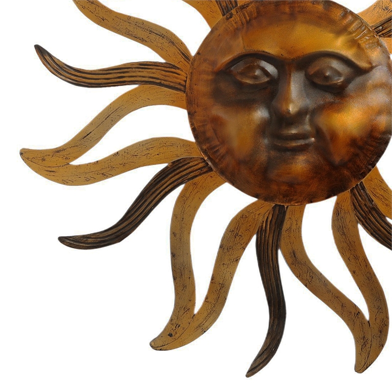 35 Inch Round Wall Mounted Sun Face Accent Decor- Carved Rustic Gold